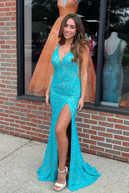 Blue Mermaid V Neck Lace Long Prom Dress with Slit