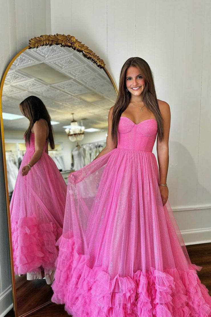 Fuchsia A-Line Strapless Ruffle Tiered Long Prom Dress