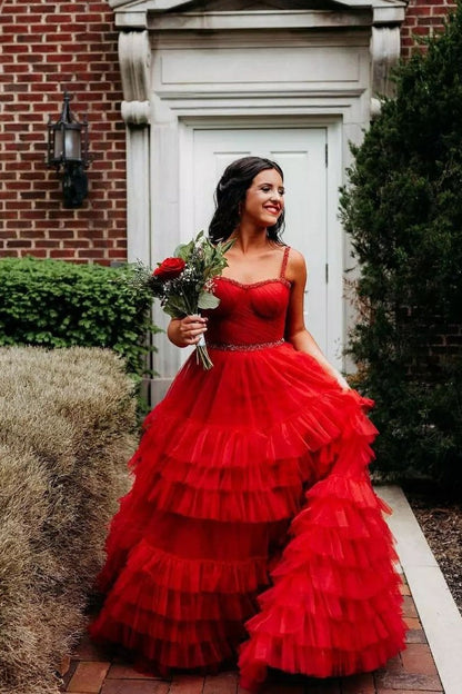 Sweetheart Ball Gown Red Ruffle Tiered Tulle Prom Dress with Beading