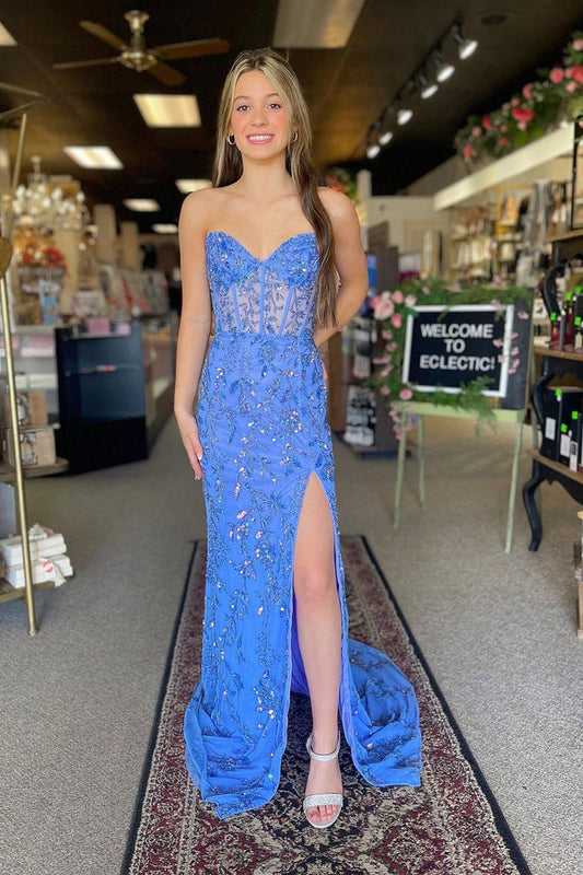 Blue Sequin Mermaid Strapless Long Prom Dress with Slit