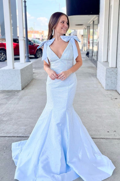 V Neck Mermaid Light Blue Satin Long Prom Dress with Beading