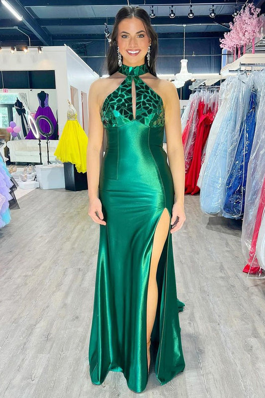 Halter Mermaid Dark Green Elastic Satin Prom Dresses with Beading