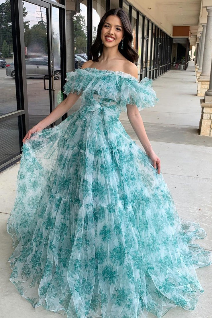 Floral Printed A-Line Off the Shoulder Ruffle Long Prom Dresses, PD25279
