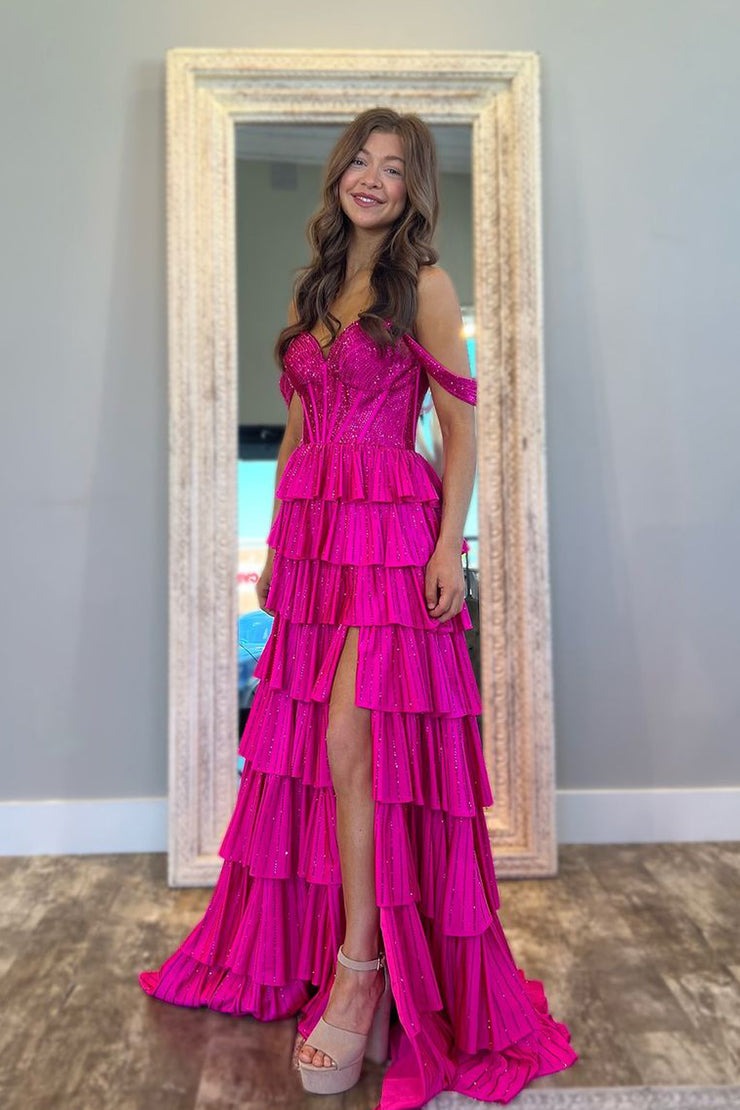 Fuchsia Glitter Satin A Line Off the Shoulder Long Prom Dress, PD25243