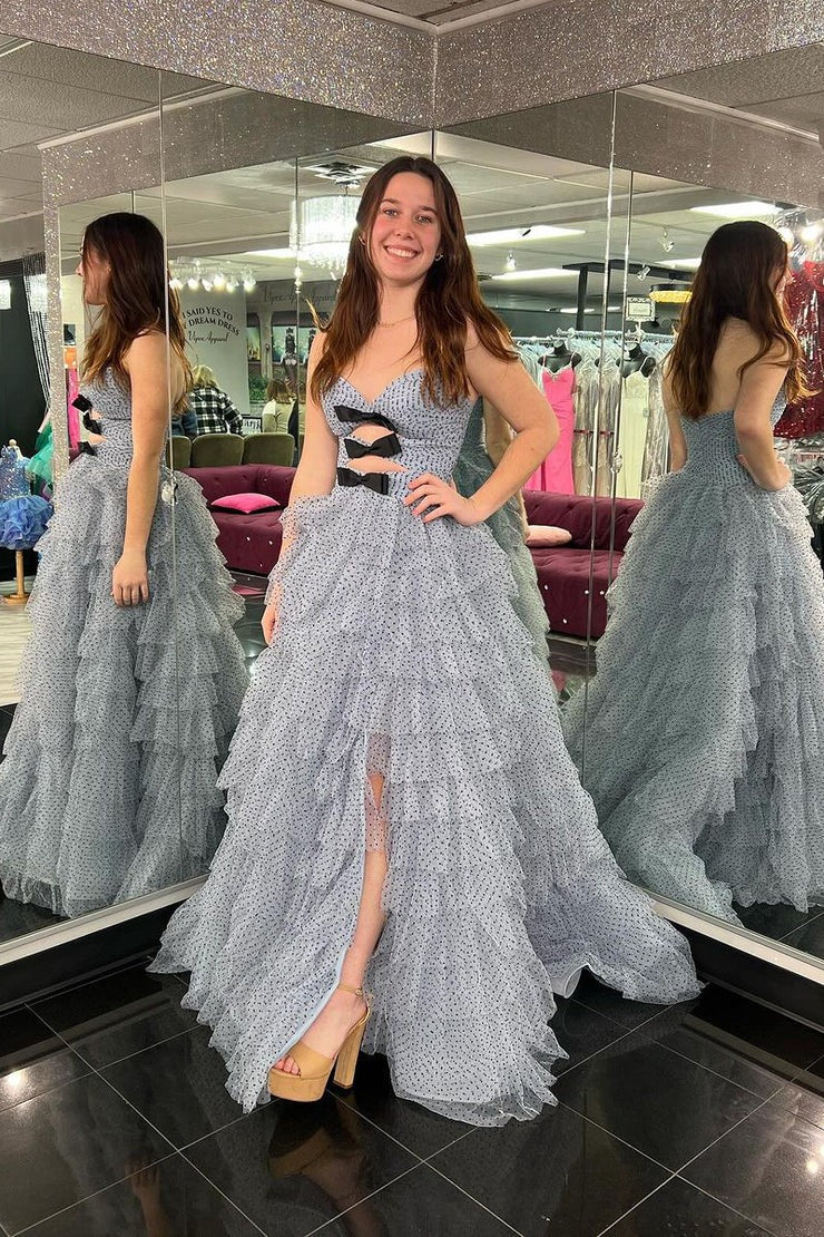 Strapless Polka Dot Ruffle Tiered Tulle Prom Dress with Slit, PD25146