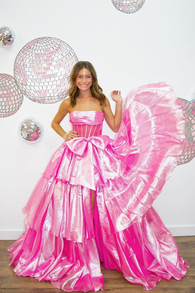 Pink Ball Gown Strapless Organza Ruffled Long Prom Dress with Bow