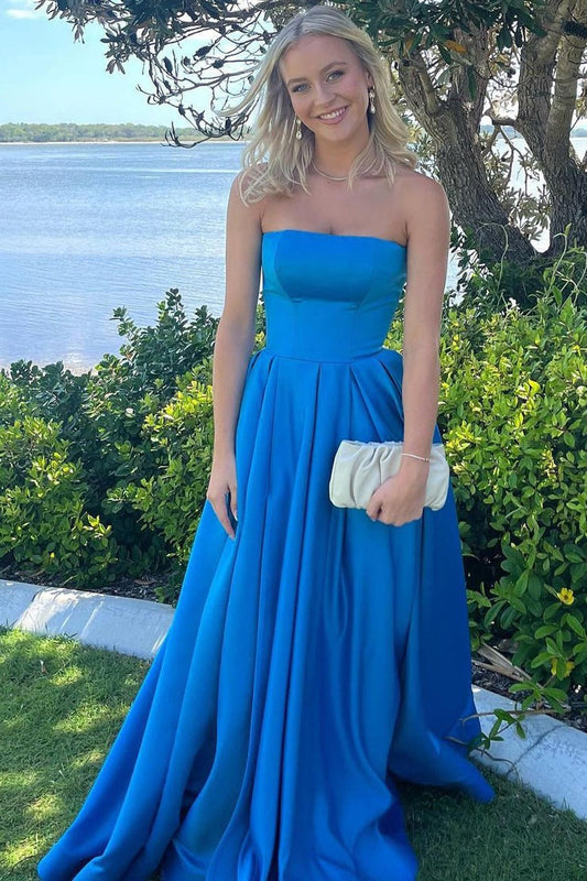 Strapless Blue Satin Long Prom Dress