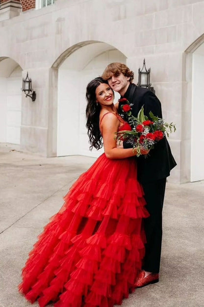 Sweetheart Ball Gown Red Ruffle Tiered Tulle Prom Dress with Beading