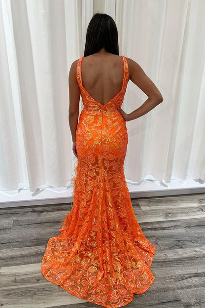 Mermaid V Neck Orange Sequins Long Prom Dress with Slit