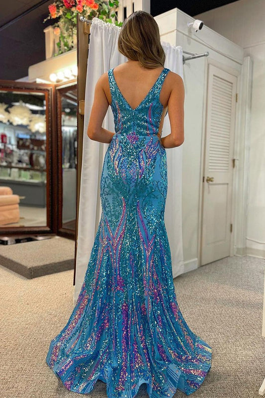 Blue Mermaid V Neck Sequins Lace Long Prom Dresses, PD25524