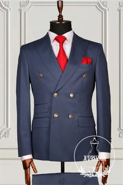 Newest Dark Blue Double Breasted Close Fitting Formal Men Suits, SU25099