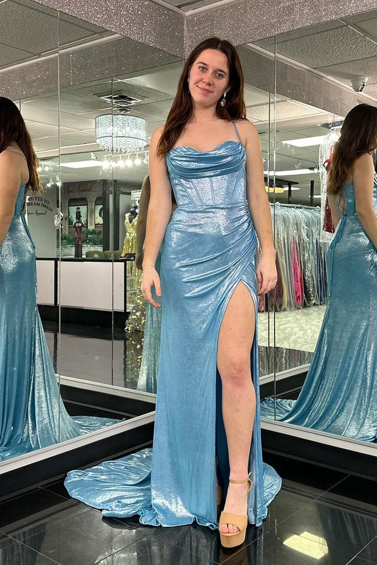 Light Blue Satin Mermaid Cowl Neck Glitter Long Prom Dress