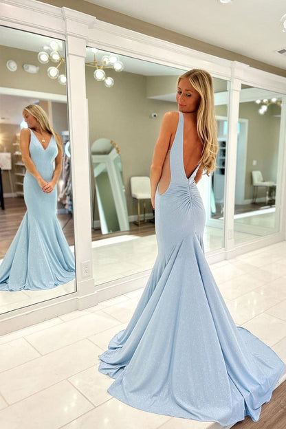 Light Blue Sequins Mermaid V Neck Long Prom Dress