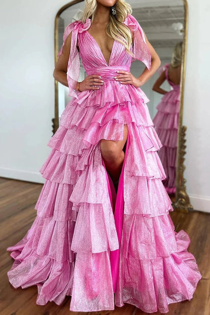 Pink Tiered Cute Ball Gown V Neck Long Prom Dress