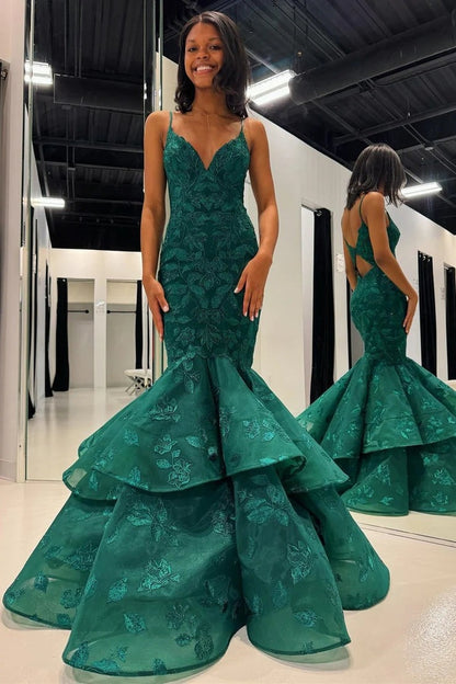 Emerald V - Neck Trumpet Long Gown with Appliques, PD25583