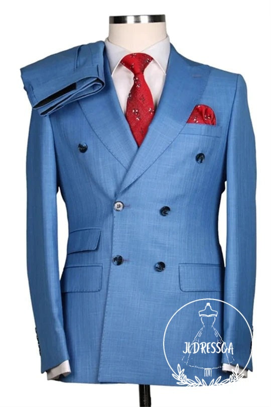 Blue Double Breasted Peaked Lapel Prom Outfits For Men, SU25189