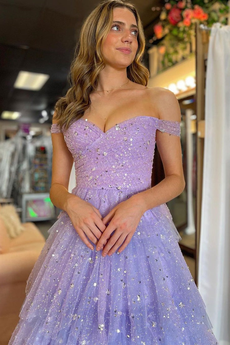 Lavender Tulle Off the Shoulder Ruffle Tiered Long Prom Dress