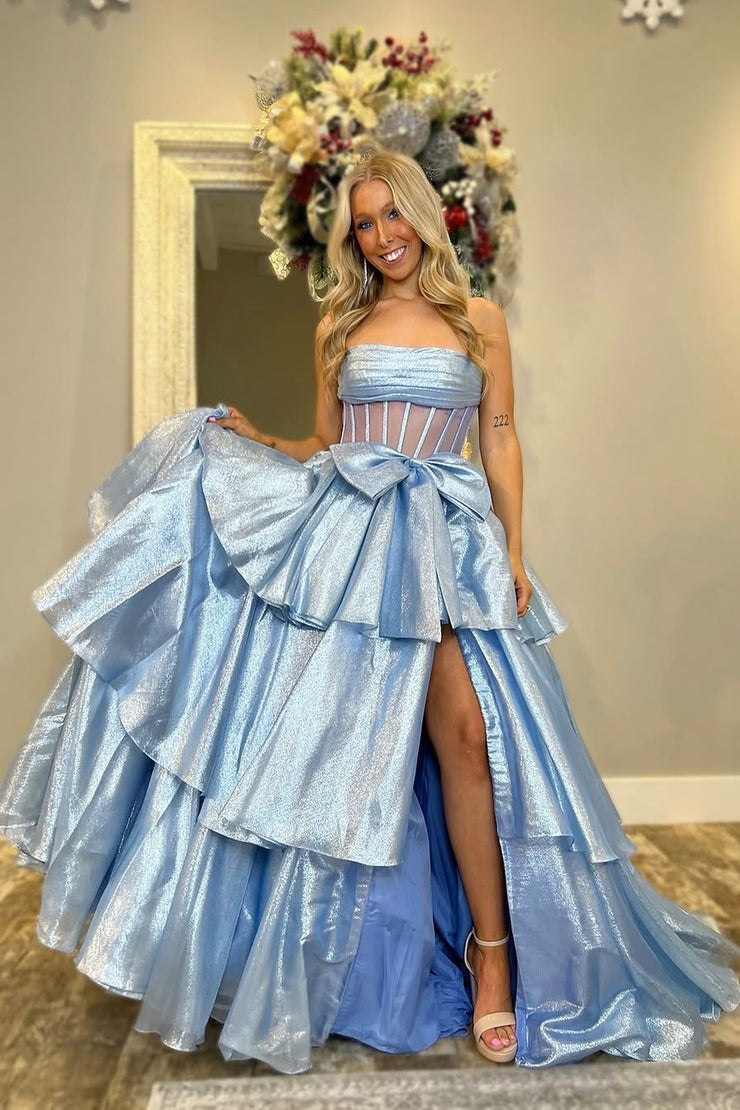 Light Blue Organza Gorgeous Ball Gown Strapless Prom Dress with Bow and Slit