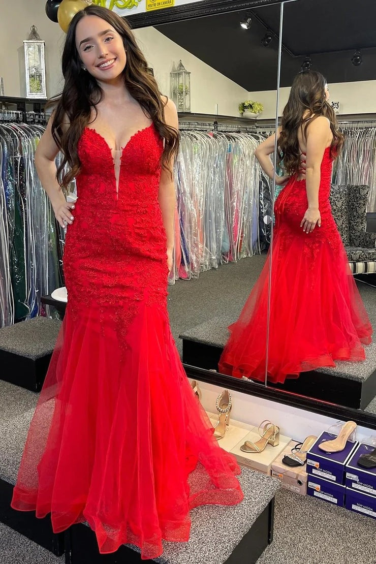 Red Plunge V Appliques Lace - Up Trumpet Long Gown, PD25623