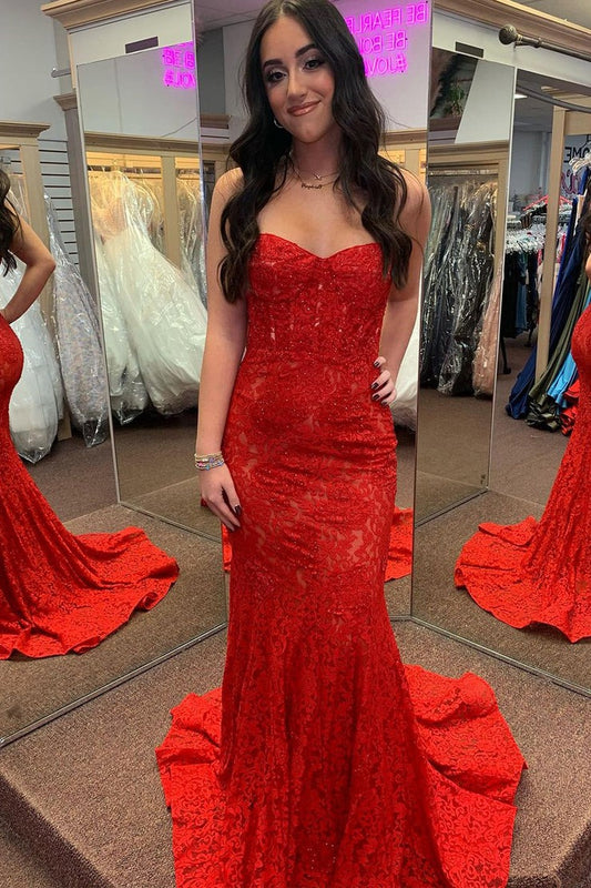 Red Lace Mermaid Sweetheart Long Prom Dresses with Beading