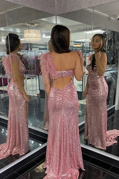 Blush Pink One-Shoulder Cutout Sequin Feathers Mermaid Long Prom Dress, PD25703