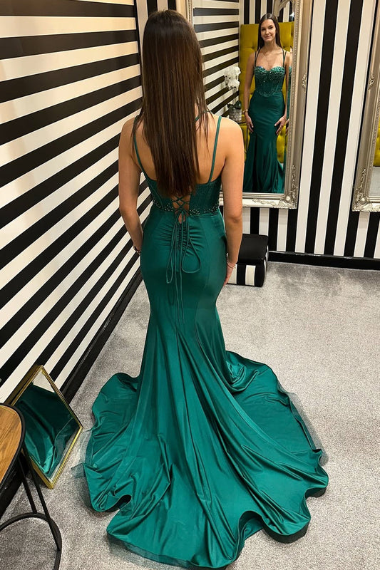 Dark Green Straps Mermaid Satin Prom Dress with Beading, PD25744
