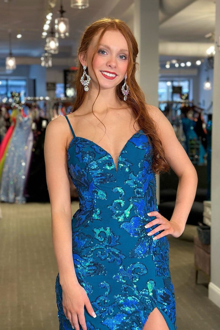 Blue V Neck Sequins Lace Mermaid Long Prom Dress with Slit