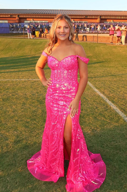 Off the Shoulder Mermaid Hot Pink Sequins Long Prom Dresses with Slit