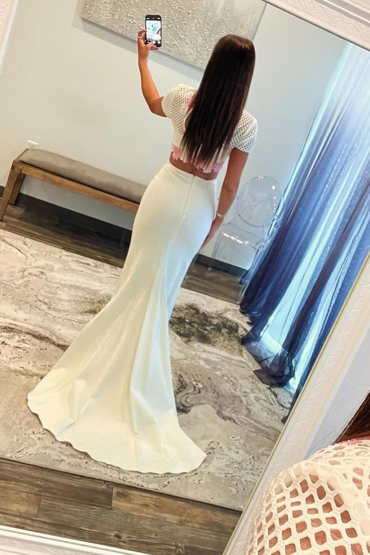 White Lace Two Piece Short Sleeves Long Prom Dress