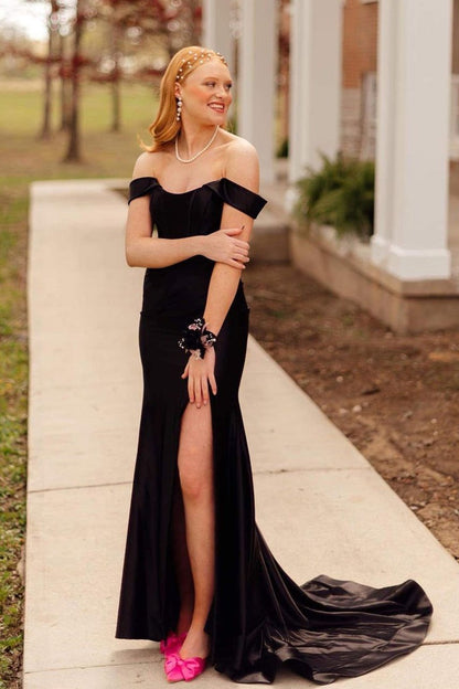 Off the Shoulder Mermaid Black Satin Long Prom Dress