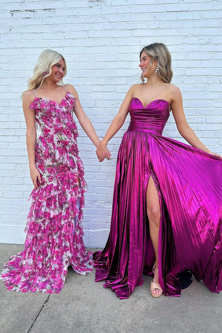 Floral Printed Pink Ruffle Mermaid Long Prom Dresses