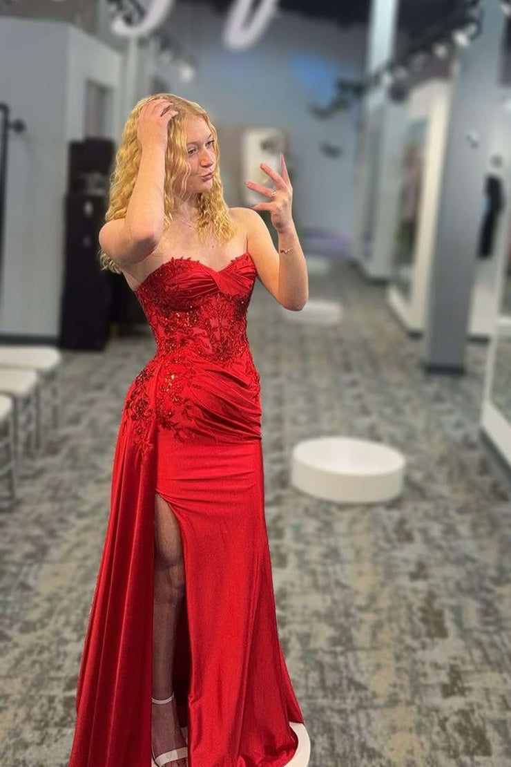 Red Mermaid Sweetheart Prom Dresses with Slit and Appliques