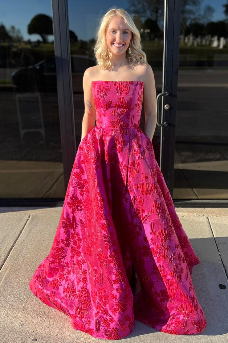 Red Jacquard Satin A Line Strapless Prom Dress