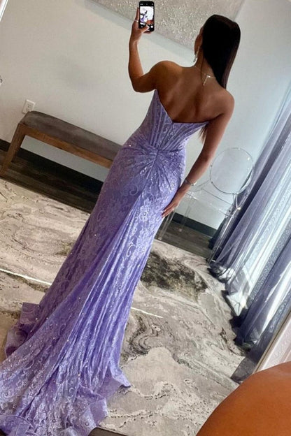 Strapless Mermaid Lilac Lace Prom Dress with Slit