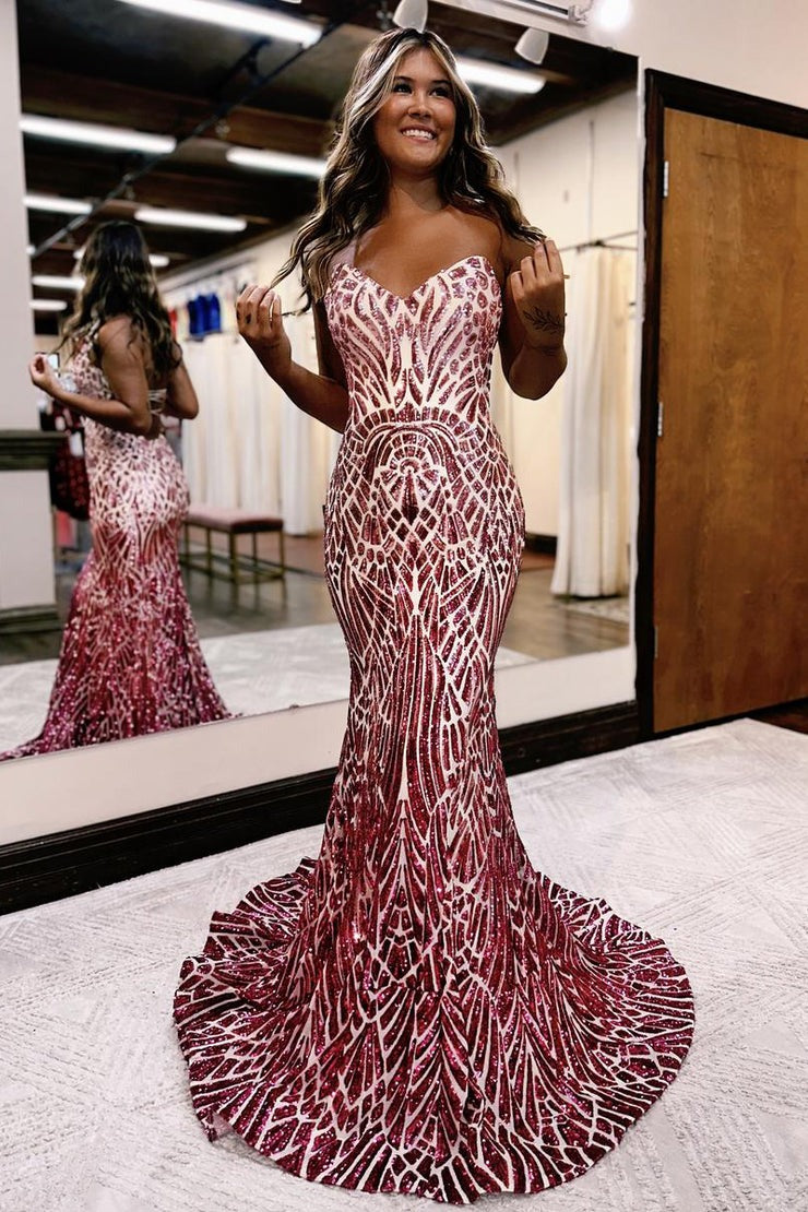 Strapless Mermaid Burgundy Sequins Long Prom Dress, PD25143