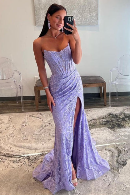 Strapless Mermaid Lilac Lace Prom Dress with Slit, PD25100