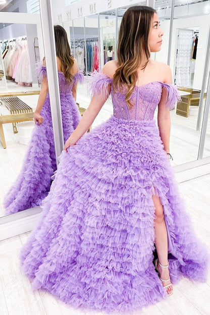 Off the Shoulder Lilac Ruffle Tiered Tulle Prom Dress with Beading, PD25122