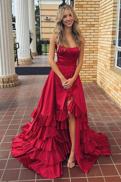 Scoop Neck A Line Dark Red Satin Prom Dresses with Slit, PD25051