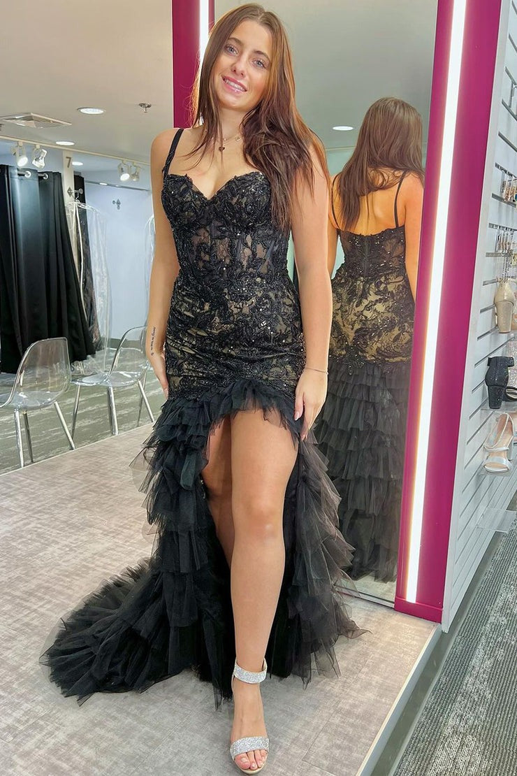 Black Tulle Mermaid Sweetheart Ruffle Long Prom Dress with Slit