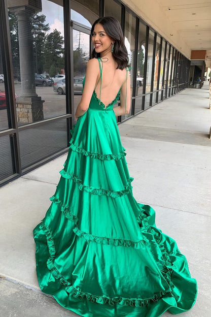 Green Satin A-Line V Neck Prom Dresses with Straps and Ruffle Long