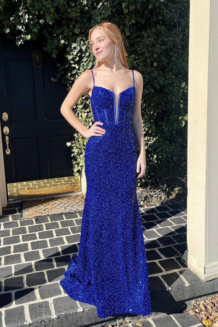 Spaghetti Straps Mermaid Sequins Long Prom Dress, PD25116