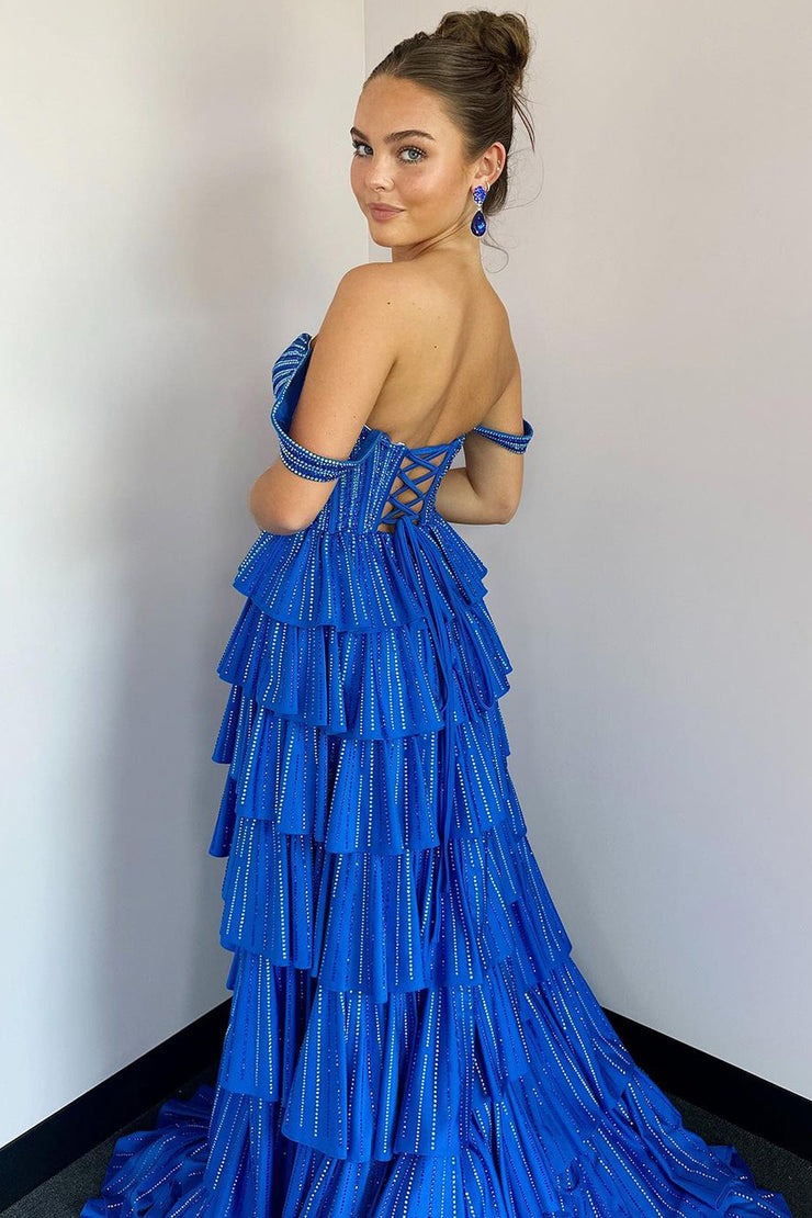 Blue Off the Shoulder Ruffle Tiered Prom Dress with Beadings