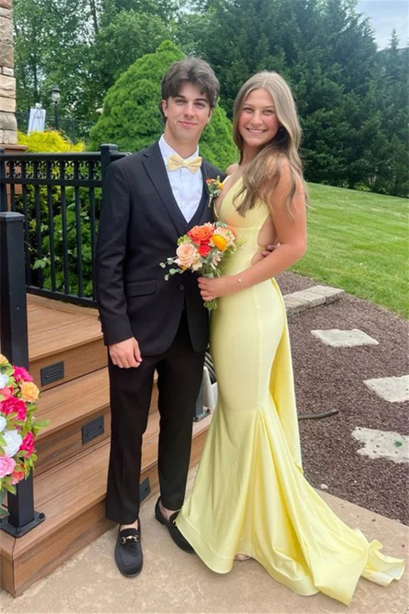 Yellow Satin Chic Mermaid Deep V Neck Prom Dress