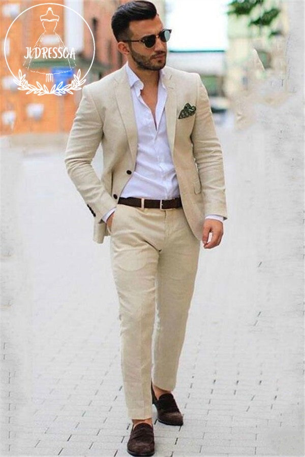 Ivory Casual Summer Two-piece Linen Blazer Mens Suits Beige Slim Fit Groom Wedding Tuxedo, SU25048