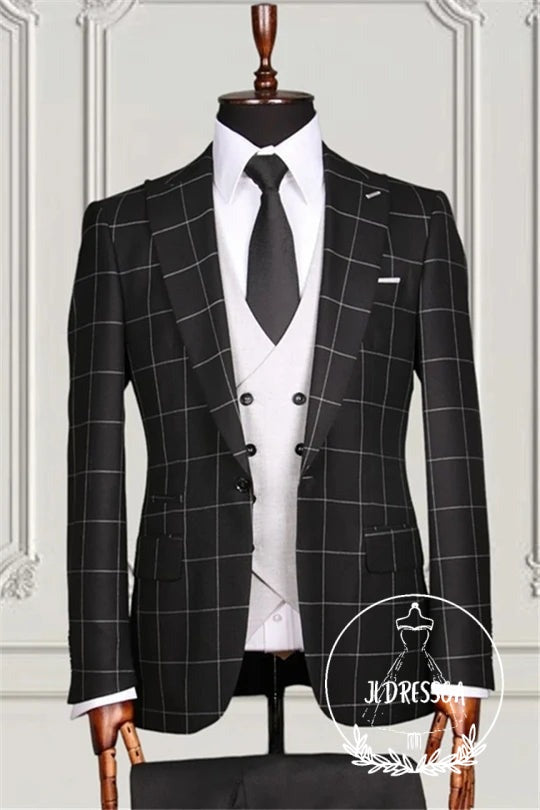 Black Plaid Fitting Peaked Lapel Men Suits For Business, SU25070