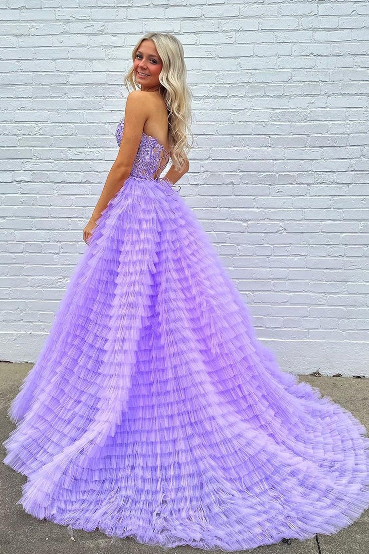 A-Line Sweetheart Ruffle Tiered Tulle Long Prom Dress