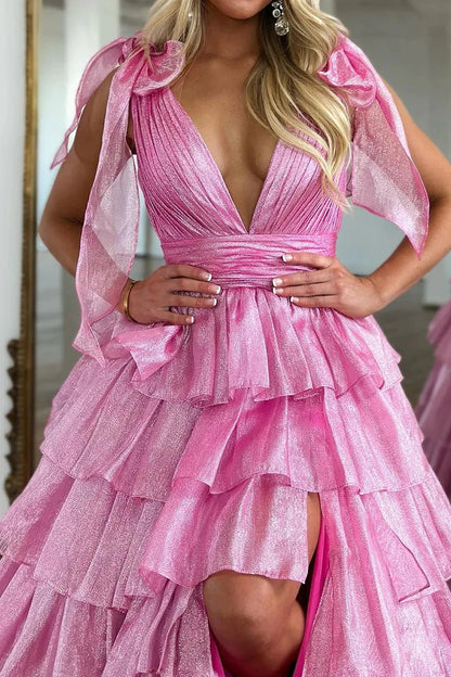 Pink Tiered Cute Ball Gown V Neck Long Prom Dress