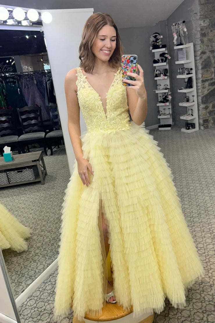 Yellow Tulle V Neck Tiered A - Line Long Prom Dresses, PD25504