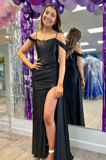 Black Satin Mermaid Cold Shoulder Long Prom Dress with Slit, PD25455