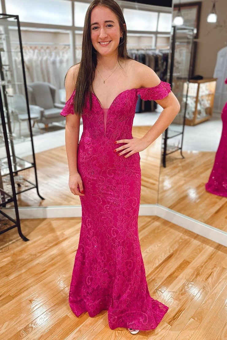 Magenta Mermaid Off the Shoulder Lace Long Prom Dress, PD25635